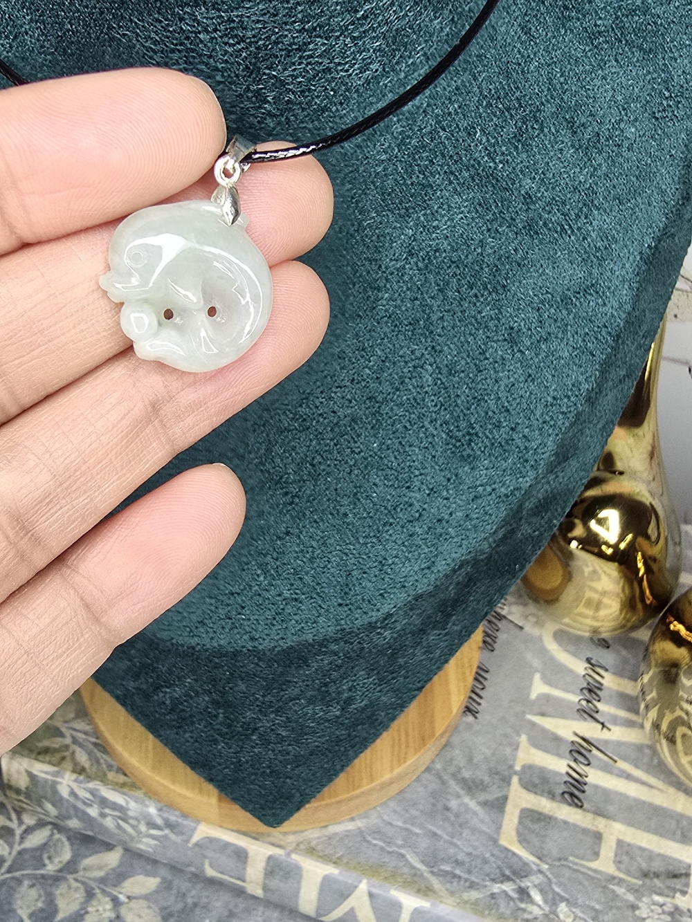 Natural Jadr Hand-Carved Green Dolphin Fish Pendant Necklace Charm